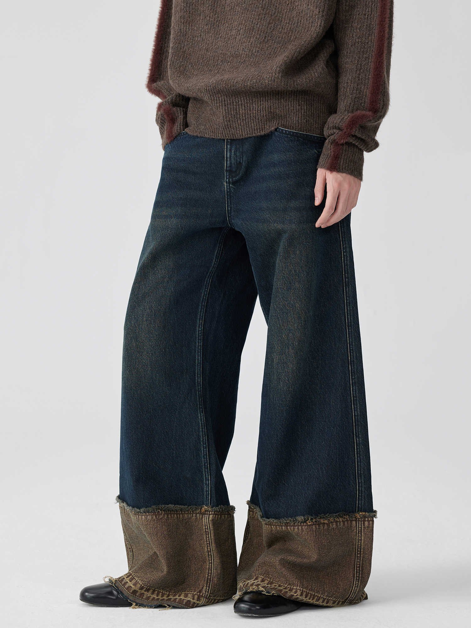 Brown Blue Nano Water Foot Washing Mouth Reverse Stitching Raw Hem Jeans