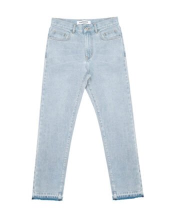 Washed Blue Frayed Edging Distressed Embroidered Straight-leg Jeans