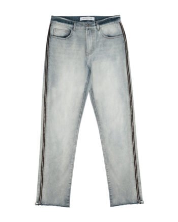 Raw Edge Washed Blue Side Bone Zipper Straight Jeans High Street Tide Brand Wild Summer