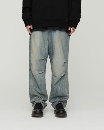 Light Wash Grey Denim Jeans Baggy Oversized With Pleats