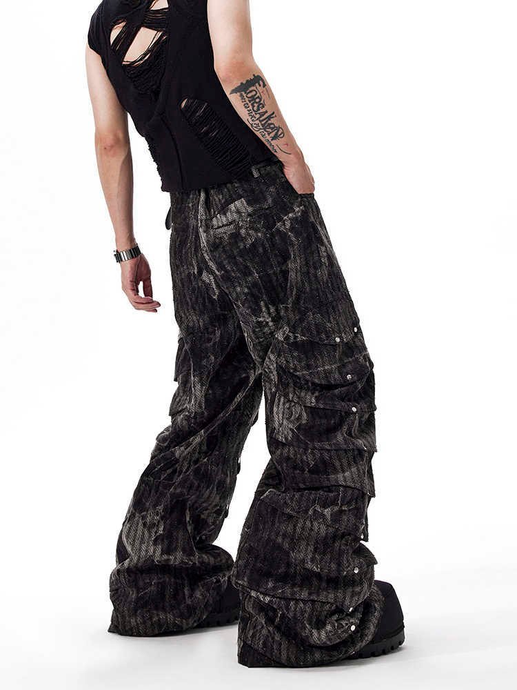 Deconstructed Rivet Machete Jeans Men's Retro Wide Leg Mop Pants