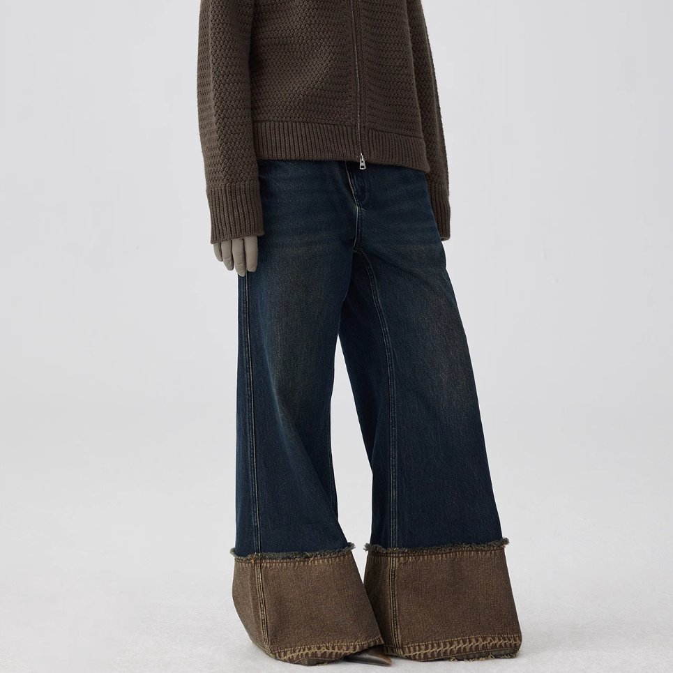 Brown Blue Nano Water Foot Washing Mouth Reverse Stitching Raw Hem Jeans