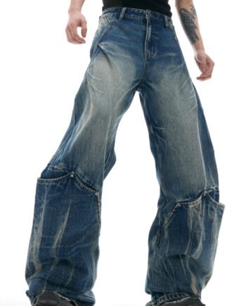 Men's Retro Washed Burst Pattern Curved Knife Jeans