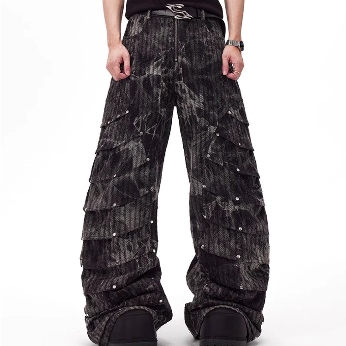 Deconstructed Rivet Machete Jeans Men's Retro Wide Leg Mop Pants