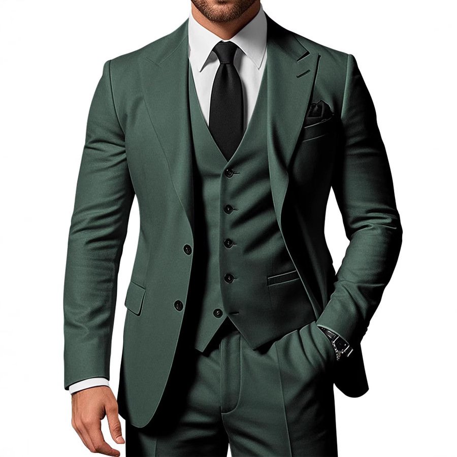 Men's Solid Color 2-piece Buckle Casual Jacket Vest Pants Set