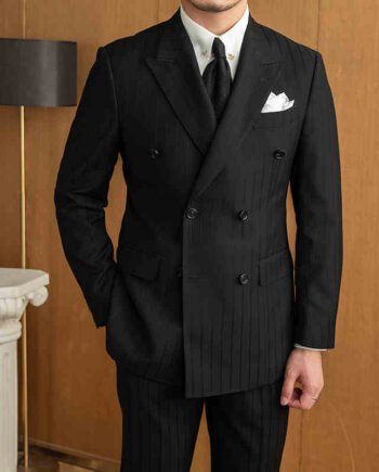 Handsome Man Versatile Black Striped Double Breasted Suit