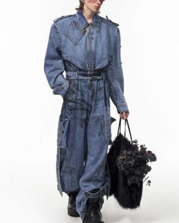 Dirty Dyed Denim Jumpsuit Men's Washed Blue Zipper Jeans