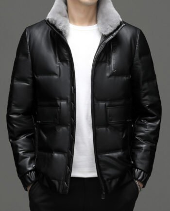 Men's Leather Down Short Jacket Fleece Padded Coat